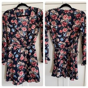 Long sleeve floral wrap dress